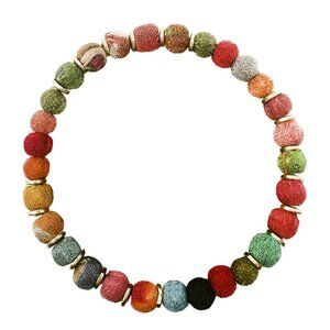 Fair Trade Colorful Poms and Kantha Beads Stretch Bracelet Upcycled Handmade NWT